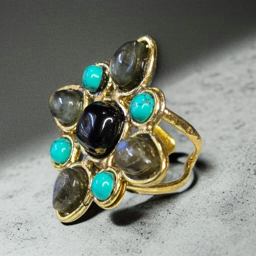 18k Gold Plated Maltese Cross Genuine Turquoise Labradorite Onyx Gemstone Ring